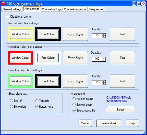 Alert options screen